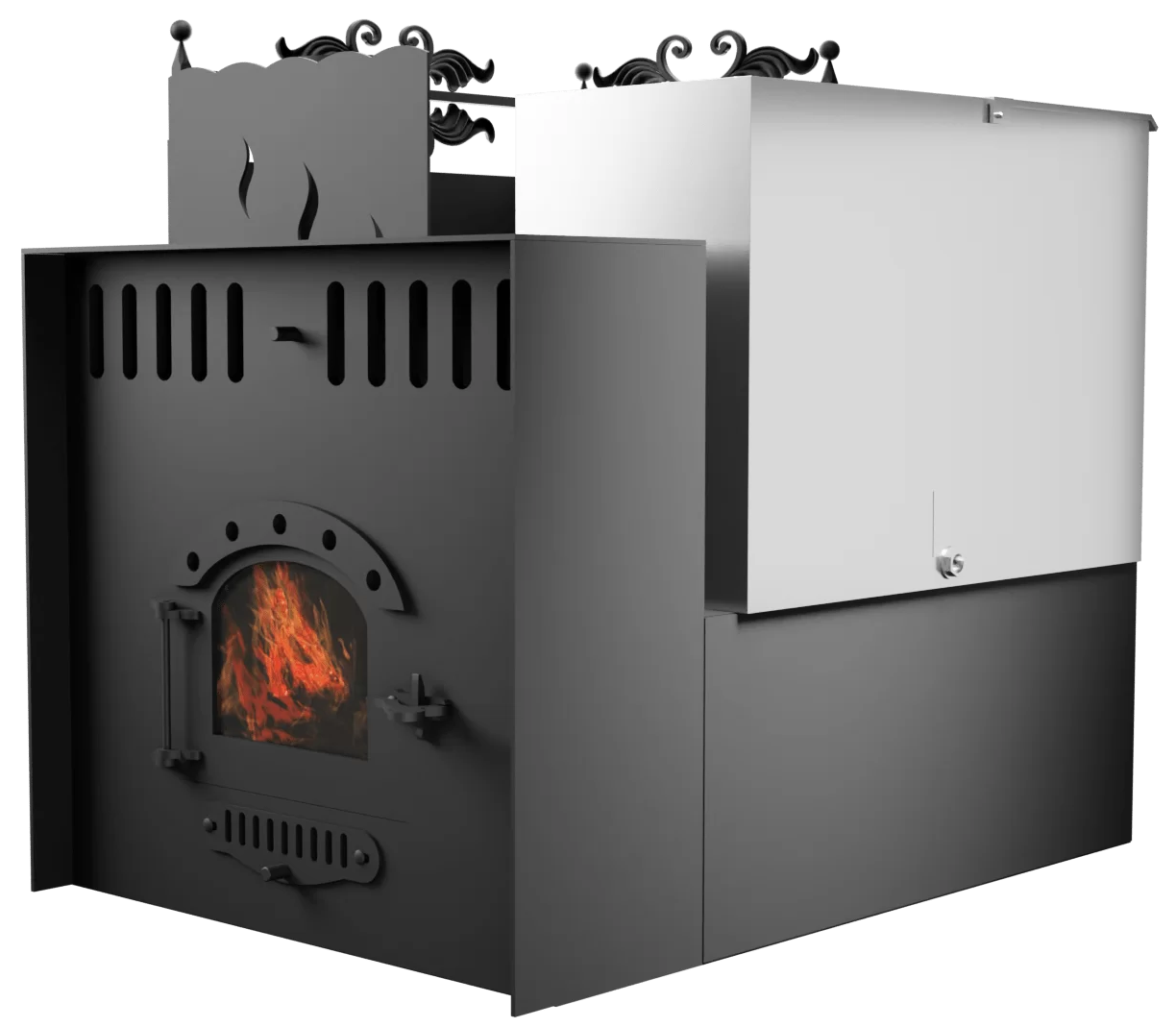 Печь Горыныч 3, каменка с левой стороны, малая дверь со стеклом, система воздушного отопления с порталом фото в Уфе